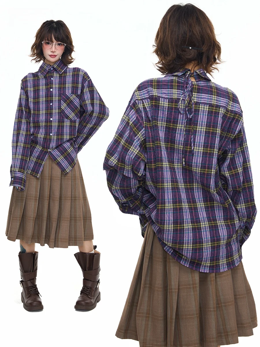 

Sanowers American Retro Plaid Color Blo Long Sve Women's irt Spring Autumn Loose Versatile Design Sense Blouse Coat