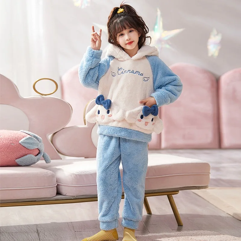 2023 Winter Kawaii Sanrios Children Flannel Pajamas Anime Cinnamoroll Kuromi Kids Sleepwear Autumn Plush Girl Homewear Xmas Gift