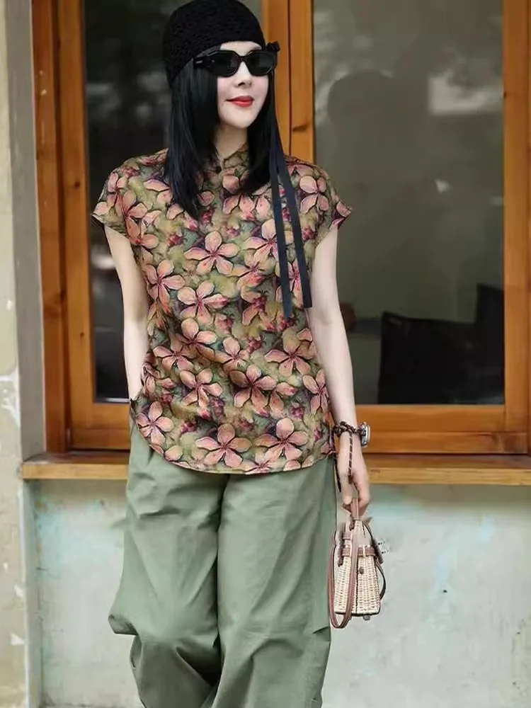 Nouveau chinois Sle jeune rétro Tang costume irt Ladylike coupe ample ort Sve col montant imprimé fleuri été 2025 haut tendance