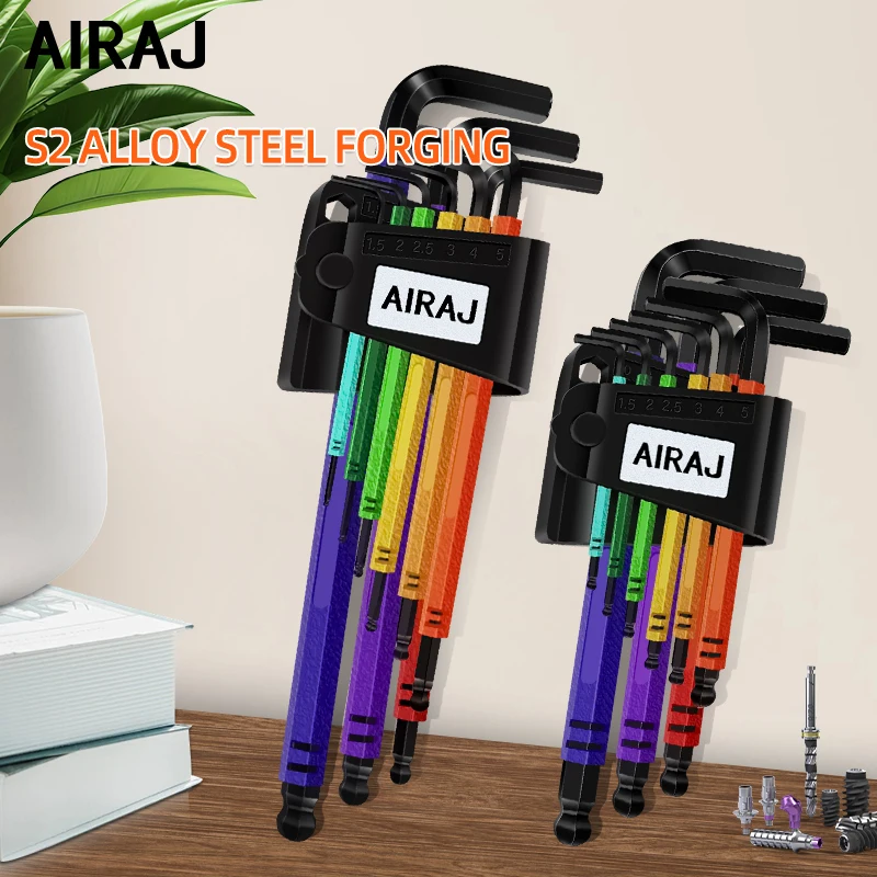 

AIRAJ CRV Chrome Vanadium Steel Hexagonal Wrench Set Long Arm Ball Head Multi Color Coding Portable Storage Box Industrial Grade