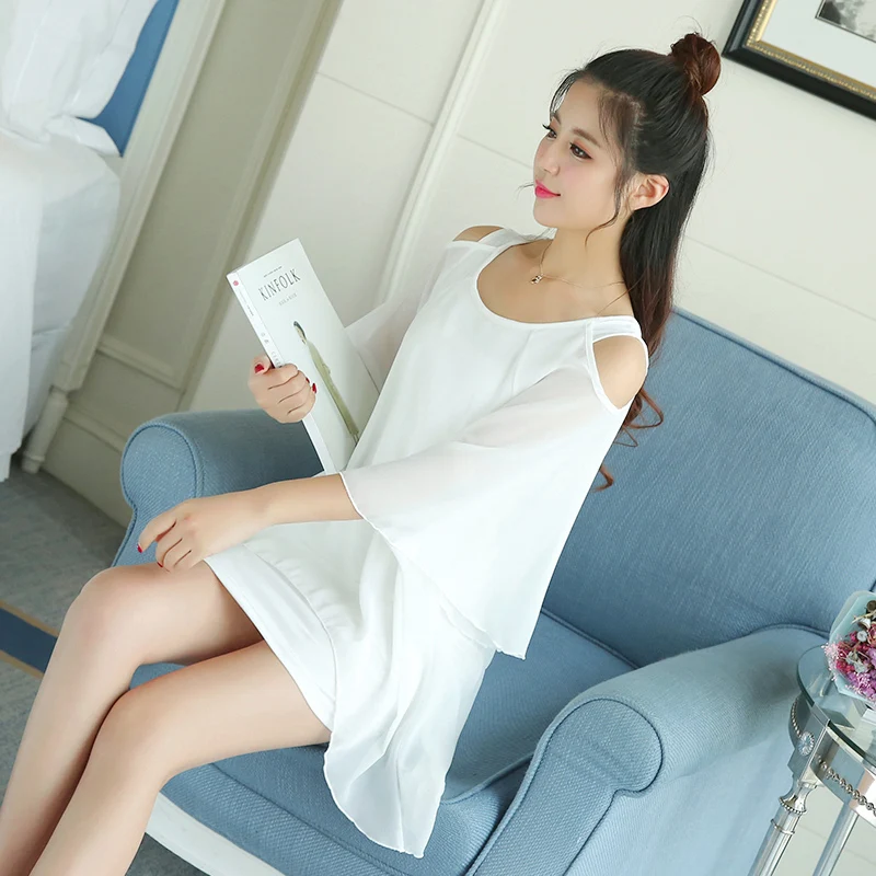 Elegant Chiffon Off Shoulder Blouse Summer New Fake Two Pieces Short Sleeve Solid Color Shirt Tops Office Fashion Women Clothing