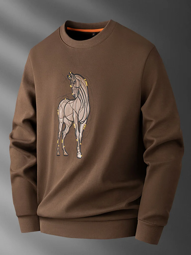 

Autumn Winter Faionable Luxury European Sle Patchwork Leather Embroidered Air Layer Cotton round Ne Sweatirt Men's Lo...