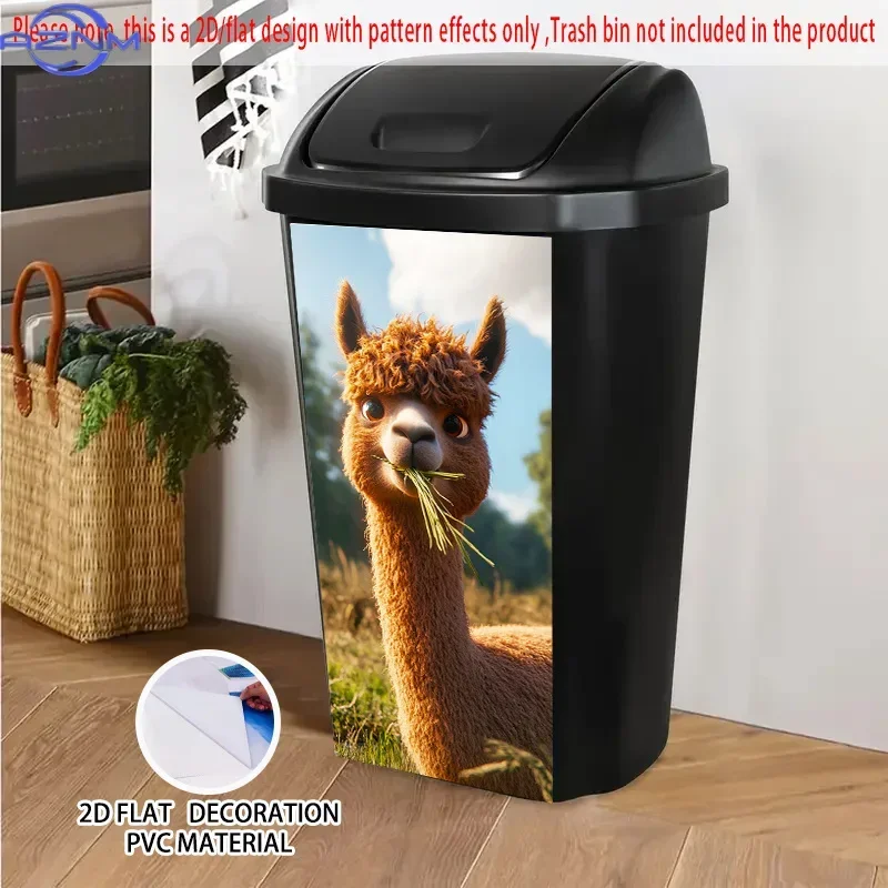Self-Adhesive Dustbin Sticker - Cute Alpaca Design with Curly Fur & Big Eyes, , Soft Blurred Outdoor Background, Durable PVC M