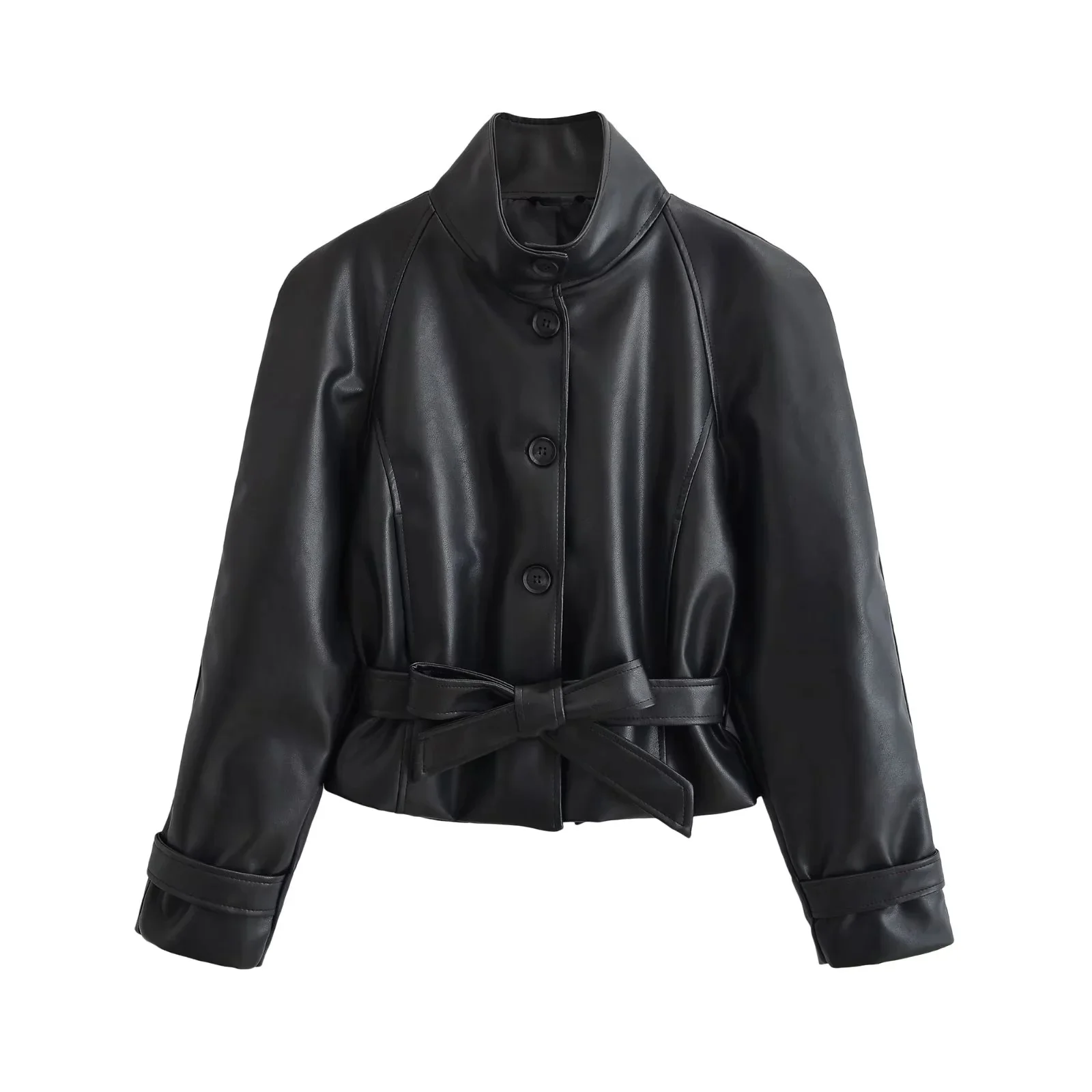 KONDALA Elegante Lässige Damen-Lederjacke mit Stehkragen, Einreihig, mit Gürtel, Modische Herbst-Winter-Urlaubsjacke 2026 – Detail 3