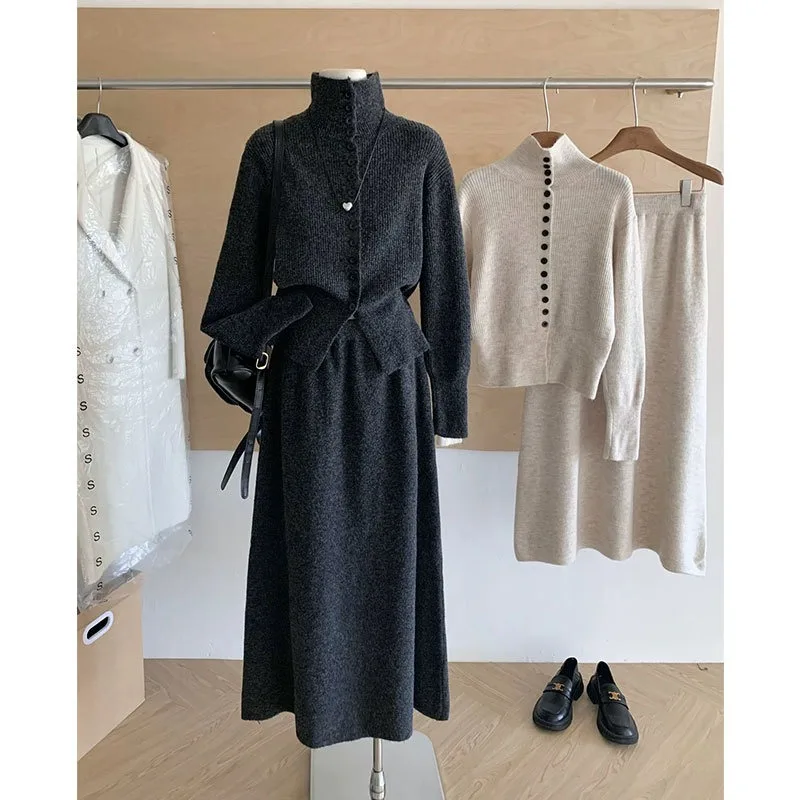 ชุดเซ็ตเสื้อผ้าขนสัตว์สไตล์เรโทรสุดชิคและใส่สบายสำหรับผู้หญิง  คอลเลคชั่นฤดูใบไม้ร่วงและฤดูหนาว  เสื้อโค้ทกระดุมแถวเดียวพร้อมกระโปรง  ชุดสองชิ้น