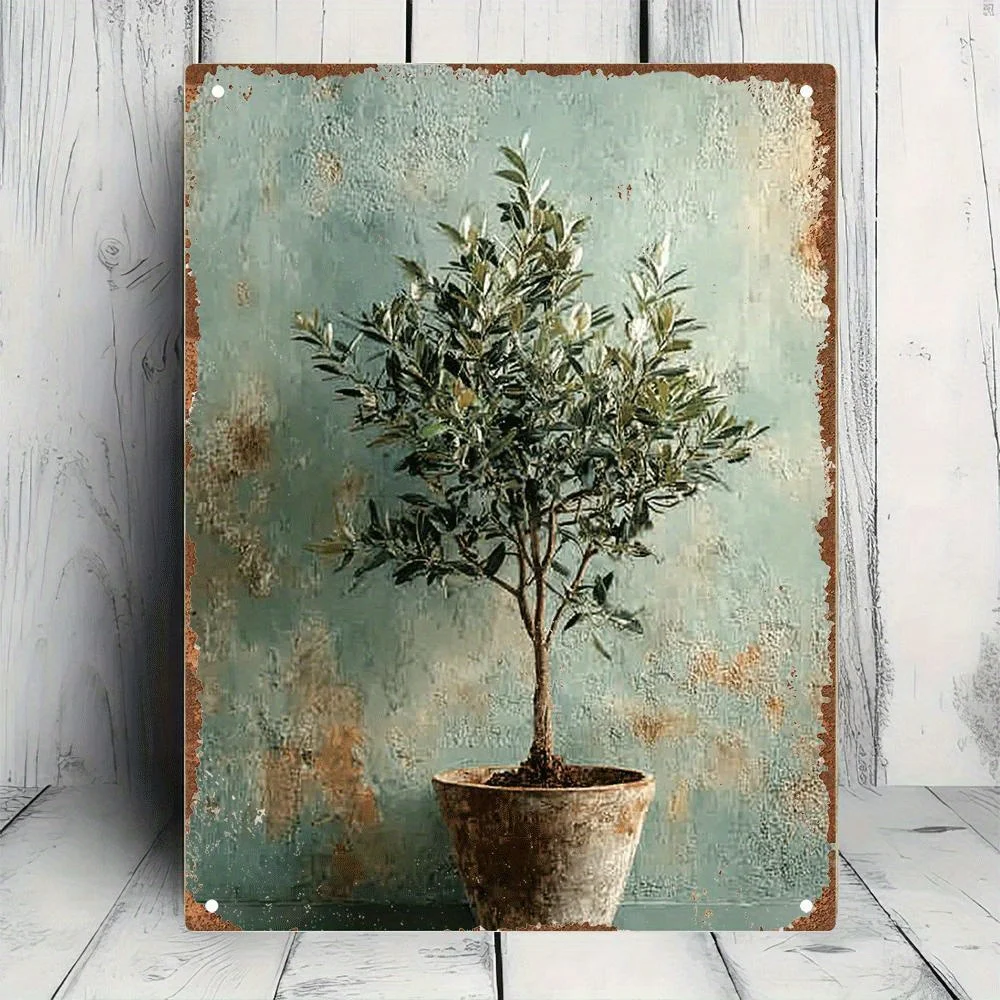 1pc A Potted Olive Tree in Front of an Aged Textured Wall Decor for Home, Bedroom Decor Tin Sign, Metal Wall Art Decor