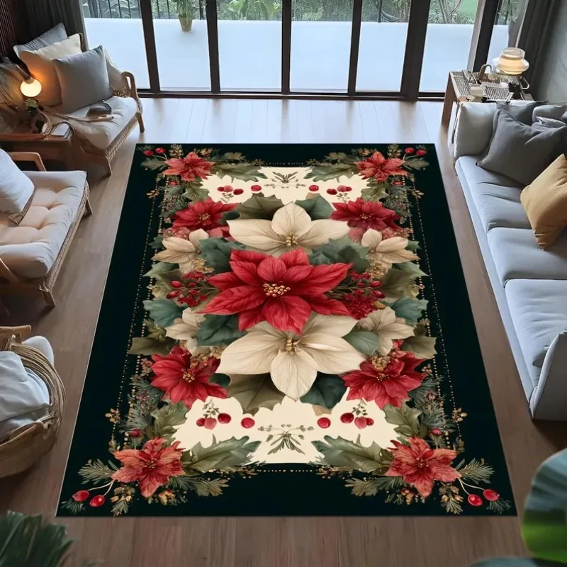 

Christmas Floral Rug,red Cream Poinsettia Rug,holiday Vintage Rug,classic Christmas Decor Rug,winter Festive Living Room Rug