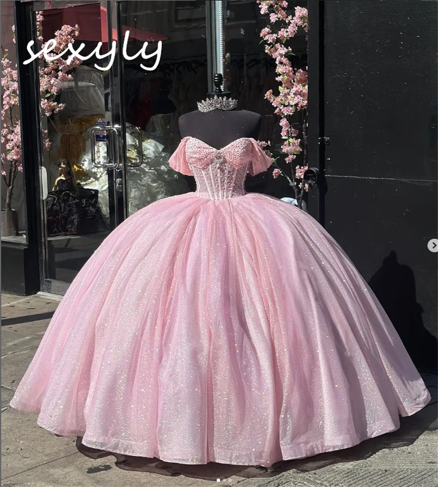 Shiny Baby Pink Quinceanera Dresses Luxury Beaded Sequin Vestidos Para 15 Quinceanera Xv Años Lace Up Birthday Party Customized