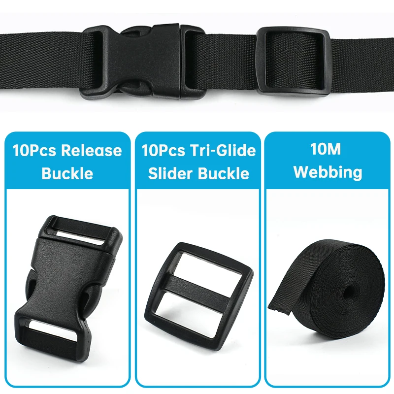 

15/20/25mm Black Buckles Strap Set 10Meters Nylon Webbing 10Pcs Release Buckle Plastic Slider Tri Glide Ribbon Adjust Belt Clasp