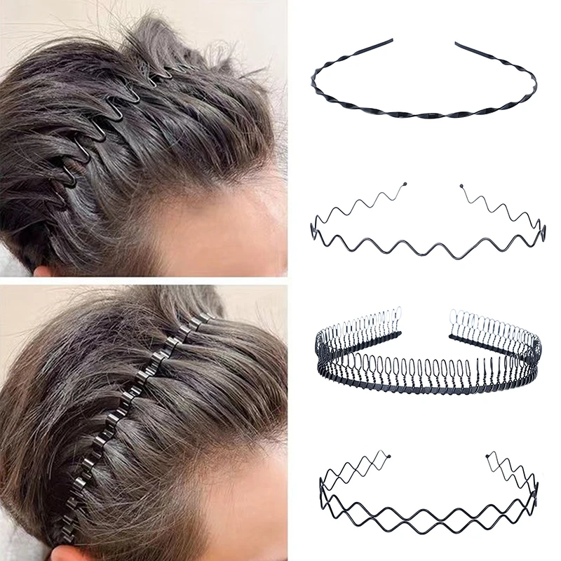 4PCS Non Slip Unisex Black Metal Spiral Wave Headband Men Women Flexible Sports Hair Band Accessories Hair Band Accessories