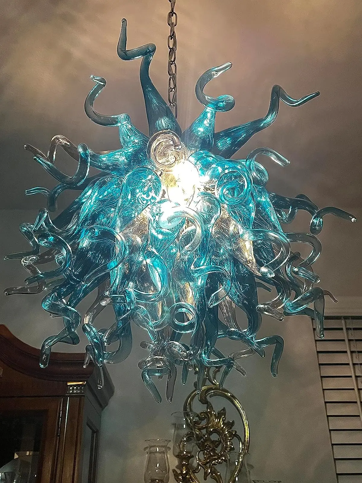 Longree Luxury Blue Chandelier Lighting LED Indoor Home Hanging Lights 100% Hand Blown Glass Chandeliers for Living Room