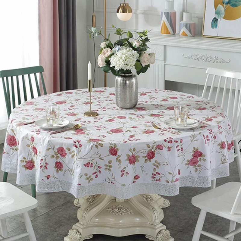 PVC Lace Tablecloth Waterproof Oil-proof Round Table Cloth Printed Home Dining Table Cover for Wedding Party Decor