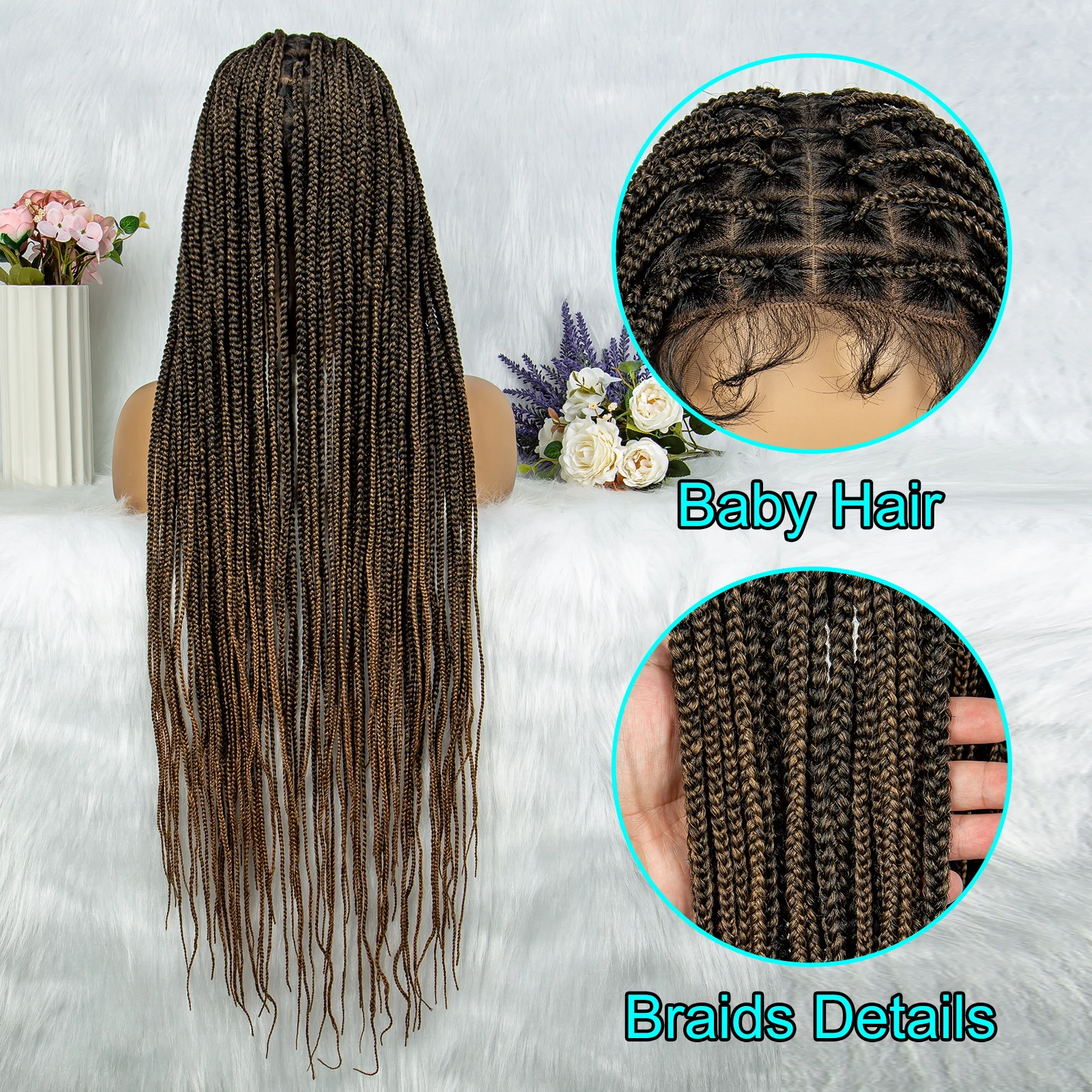 Cornrow geflochtene Perücke, volle Spitzeperücke mit Babyhaar, knotenlos, synthetische kleine Box, geflochtene Perücke für schwarze Frauen, Flechthaar