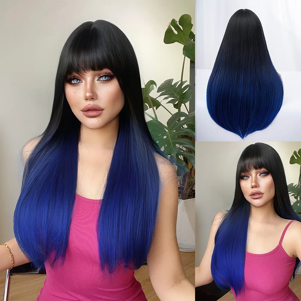 

26Inch Black Gradient Blue Synthetic Wigs With Bang Long Natural Straight Hair For Women Daily Use Cosplay Party Heat Resistant