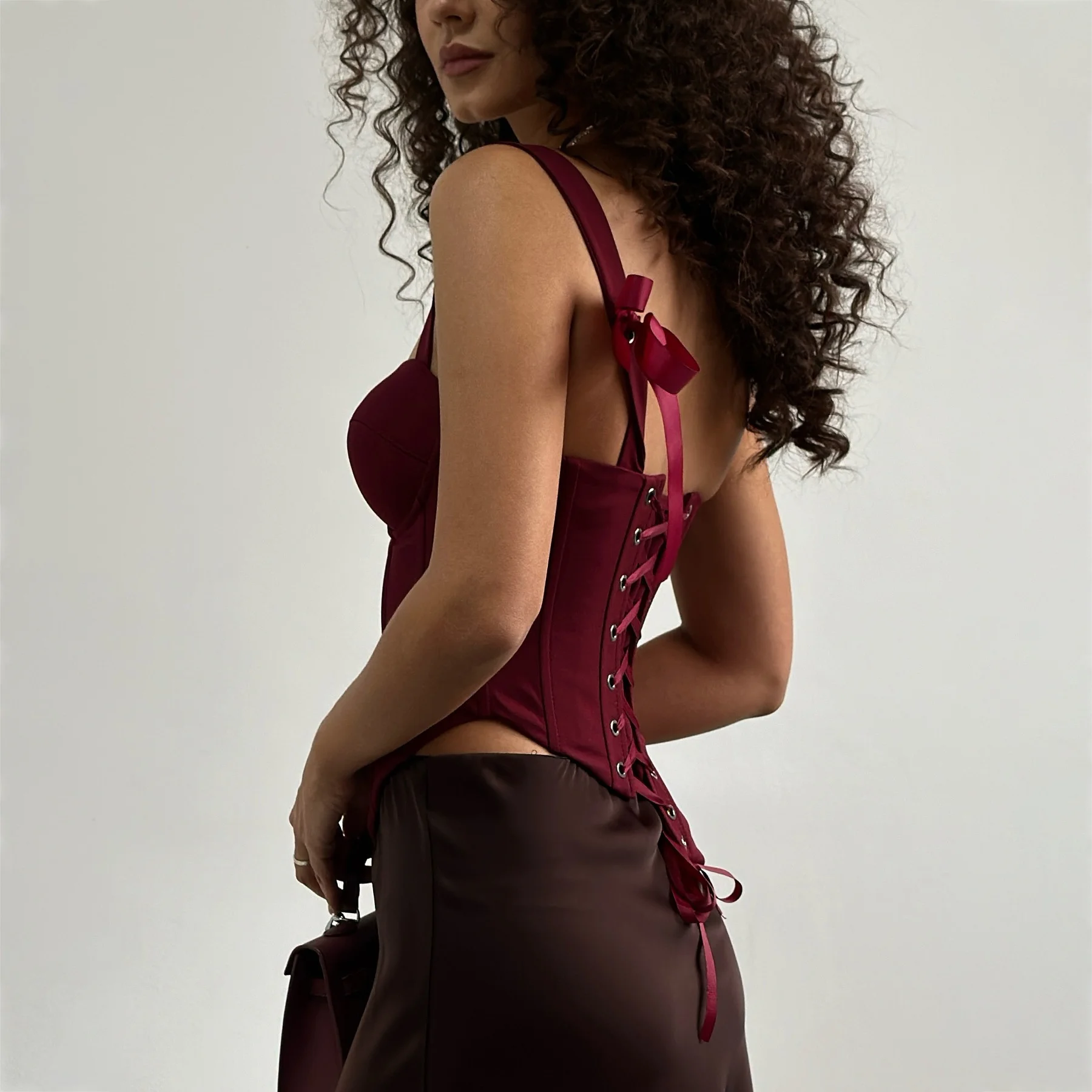 2026 Sexy One Shoulder Corset Tops for Woman Clothes Burgundy Bustier Cup Back Lace up Asymmetrical Hem Party Clubwear