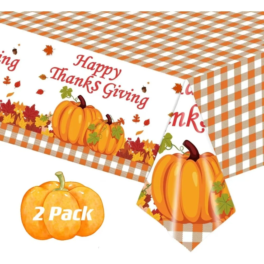 

2 Pack Happy Thanksgiving Tablecloth, Fall Pumpkin Maple Leaves Plastic Table Cloth Autumn Disposable Rectangle Plaid Table