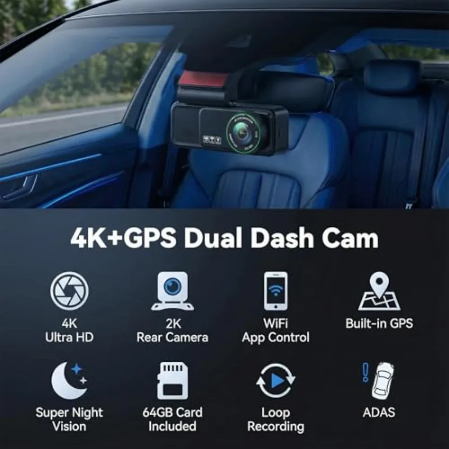 Car dash cam system with front 4K and rear 2K dual cameras, built-in GPS and WiFi, loop recording, night vision, G-sensor, 24H view 2
