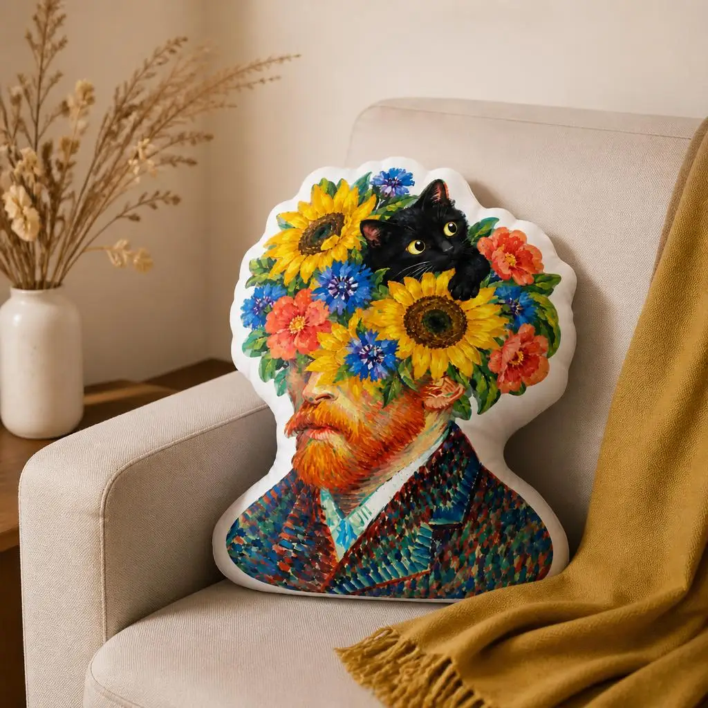 Vincent Van Gogh Cat Portrait Pillow Floral Crown Shaped Cushion Painterly Art Sofa Decor Cat Lover Gift Living Room Accent