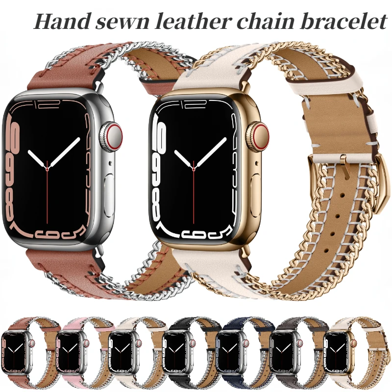 

Strap For Apple Watch Band Ultra 2 49mm 9 8 7 6 5 4 3 SE Hand sewn leather chain bracelet Band iWatch 45mm 44mm 42mm 41mm 40mm