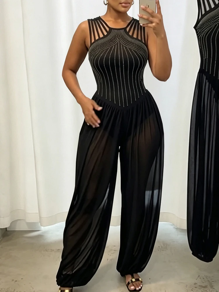 Women Sheer Mesh Sleeveless Jumpsuit Sexy Crisscross Strap Harem Balloon Pant Playsuit Summer Casual Hollow Slim Romper Overalls