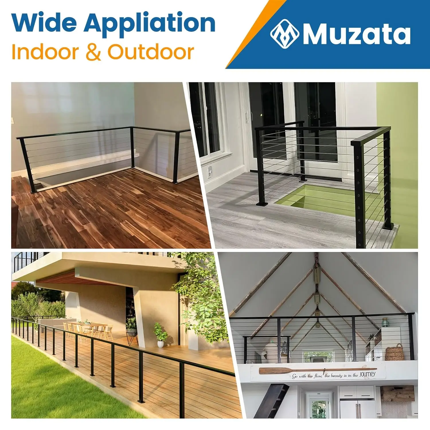 4PACK 6'6"  Steel Handrail Black Rectangular Handrail Top Rail Cable Railing System Cable Railing Handrail Deck