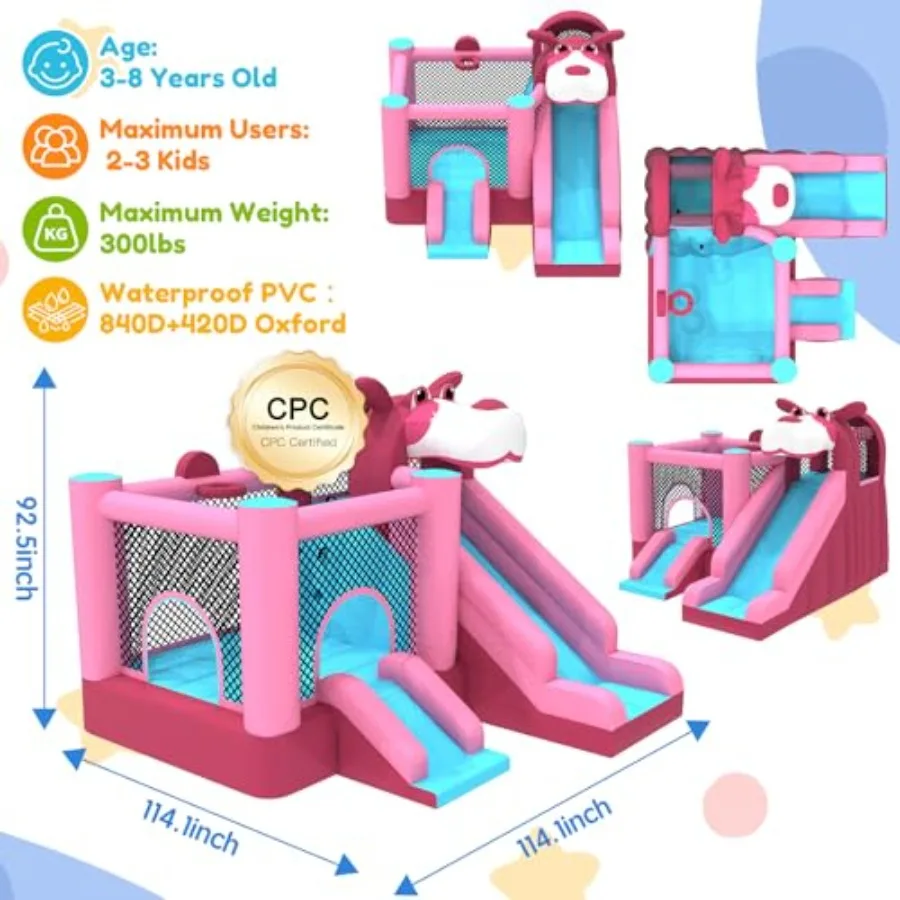 Aufblasbares Hüpfburg-Doppelrutsche, 9,5 Fuß x 9,5 Fuß Hüpfburg für Kinder, robustes 840D-Oxford-Gewebe, Alter 3–8, inklusive 45