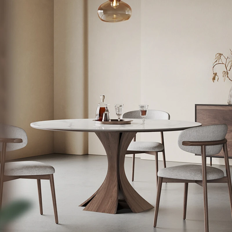 Nordic solid wood dining table with turntable 10 people use modern simple Italian high-end bright rock plate round dining table.