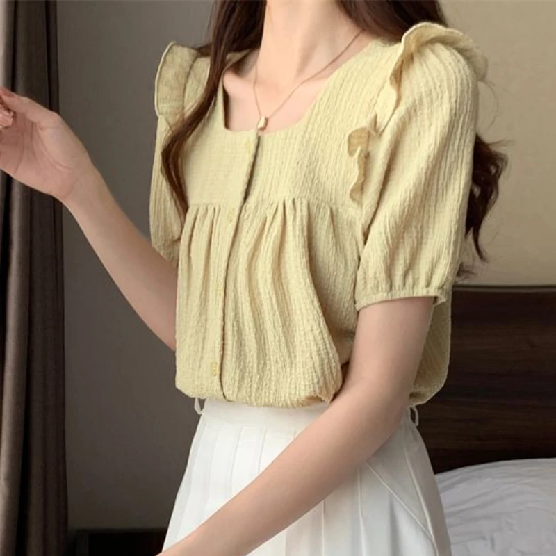 Ruffles Shirts Women S-3XL Puff Sleeve Sweet Solid All-match Ladies Temperament Summer Casual Fashion Ulzzang Korean Style Chic