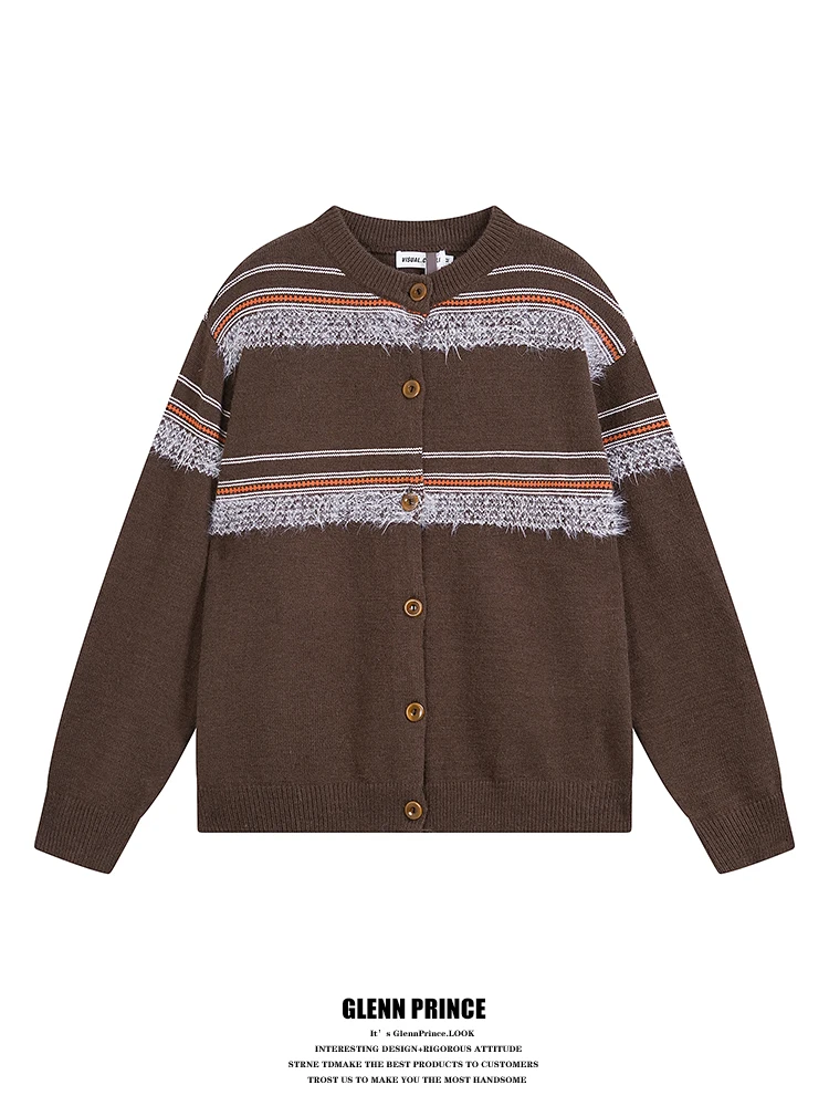 

American Retro Sle Men's Loose Knitted Sweater with Fur Stripe Design College Sle Casual Spring Autumn Top