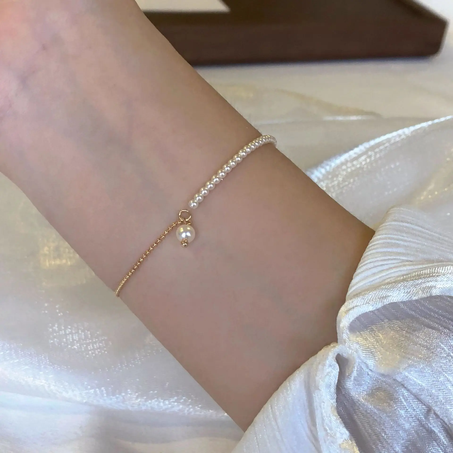 PANJBJ 925 Sterling Silver Pearl Bracelet for Women Asymmetric Hollow Out Geometry Sweet Grace Jewelry Gift Dropshipping