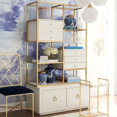 Nordic Golden Wrought Iron Solid Wood Shelf Modern Home Multilayer Floor-standing Bookshelf with Drawers