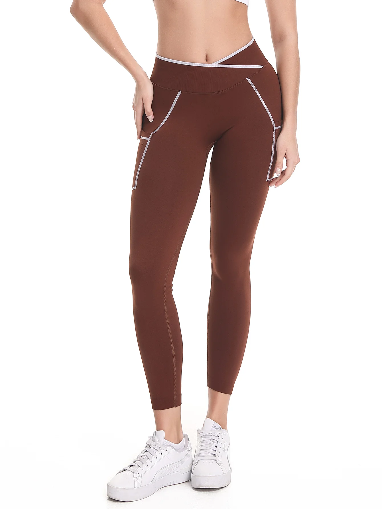 

Sports outdoor color-blocking cross-waist yoga wear, women's cycling and running fitness wear, yoga trousers with pockets