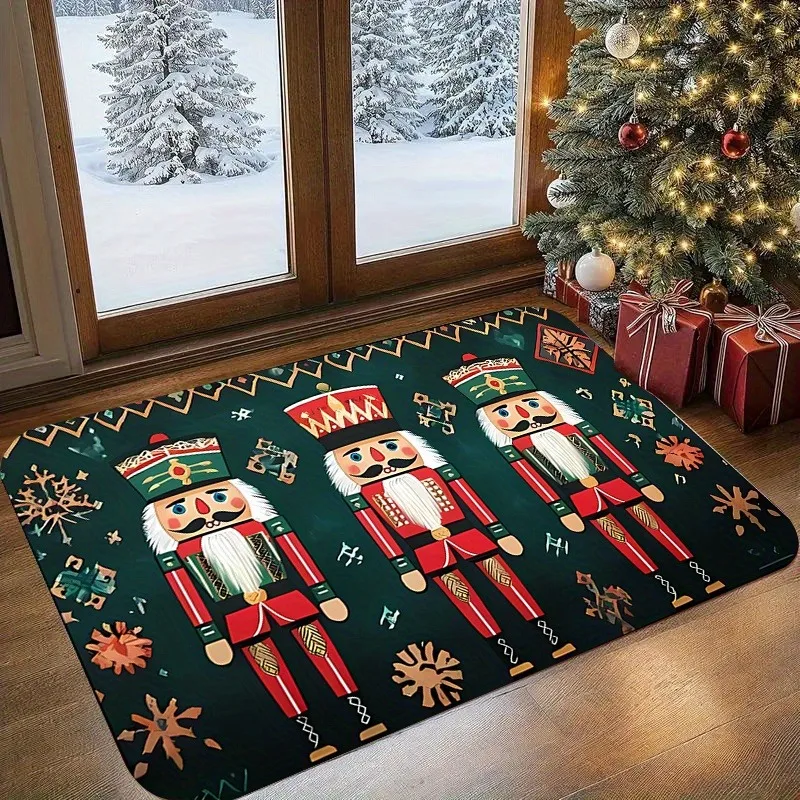 Christmas Nutcracker Soldier Flannel Doormat Folk Style Snowflake Geometric Pattern Anti‑Slip Home Entrance Holiday Decor Rug