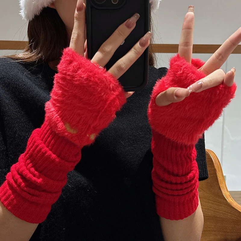 

Winter Warm Heart Half Fingered Gloves for Women Students Velvet Knitted Fingerless Gloves Outdoor Indoor Soft Plush Hand Warmer