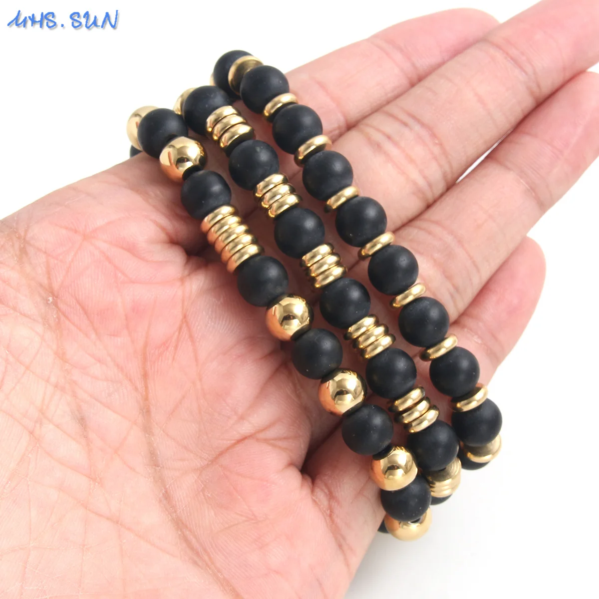 MHS.SUN Classic Black Frosted Stone Beads Bracelets Adjustable Gold Plated Stainless Steel Women Men Anniversary Jewelry