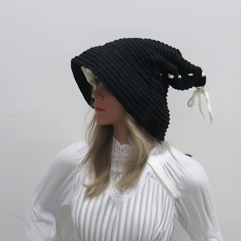 Women Wide Brim Witch Hat Halloween Party Cute Long Tail Pointed Top Knit Cap Fall Winter Warm Festive Gathering Attire