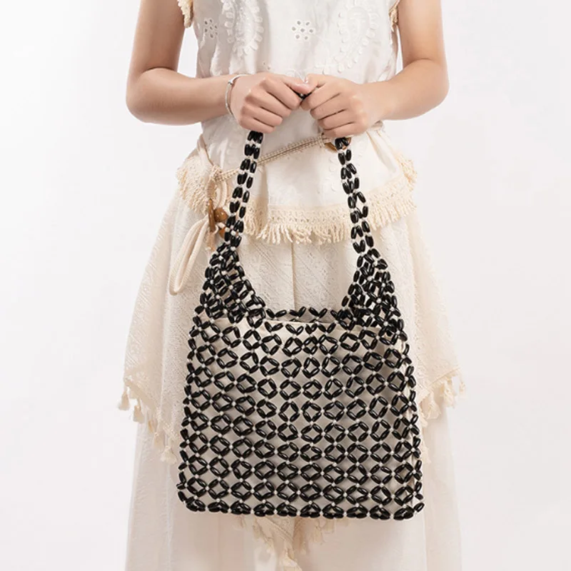 

New Bead Solid Color Hollow Wooden Bead Women's Bag Beach Vacation Style Shoulder Bag European and American Handbag Tote Bag