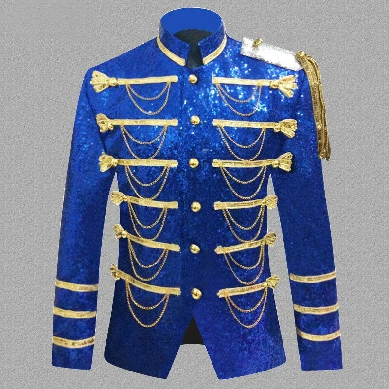 Performance Male Host Ceremonial Dress Stage Attire Nightclub Bar DJ Sequin Chain Military Uniform