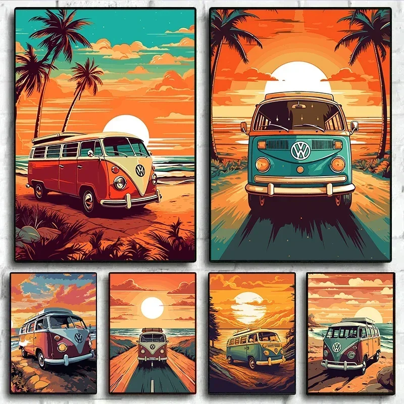 2026 Retro Vintage Nature Bus on The Beach Posters Prints Travel Surf Board Sea Sunset Surfboard Canvas Painting Wall Art Home D