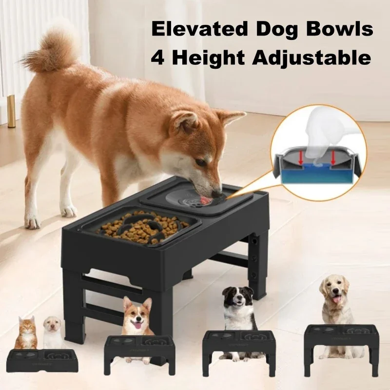 

Adjustable 4-height elevated dog bowl Non-Slip Dog Bowl Stand with Non-Slip Water Dispenser and Slow Feeder To Protect Pet Spine