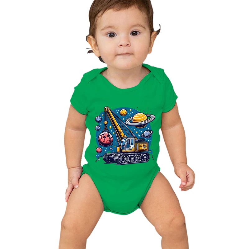 Planet Excavator Print Bodysuit Baby Cotton Short Sleeve Newborn Romper Cartoon Style Excavator Baby Boy Girl Clothes Jumpsuits