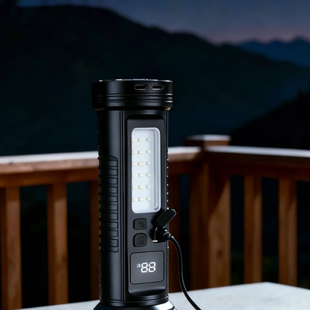 Zoomable Led Flashlight Outdoor Survival Torch Waterproof Camping Light Solar Powered Digital Screen Red Blue Warning Lamp