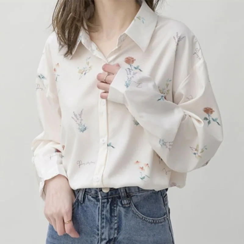 Spring Autumn Women\'s Turn-down Collar Solid Flower Printed Button Cardigan Chiffon Shirt Long Sleeve T-shirt Casual Loose Tops