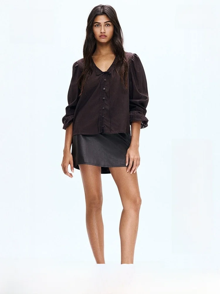 

H&M Summer Women's Shirt with Belt 1315667 Casual Style Lace Detail Cotton V-Neck Long Sleeve Regular Thickness Fiber Blend