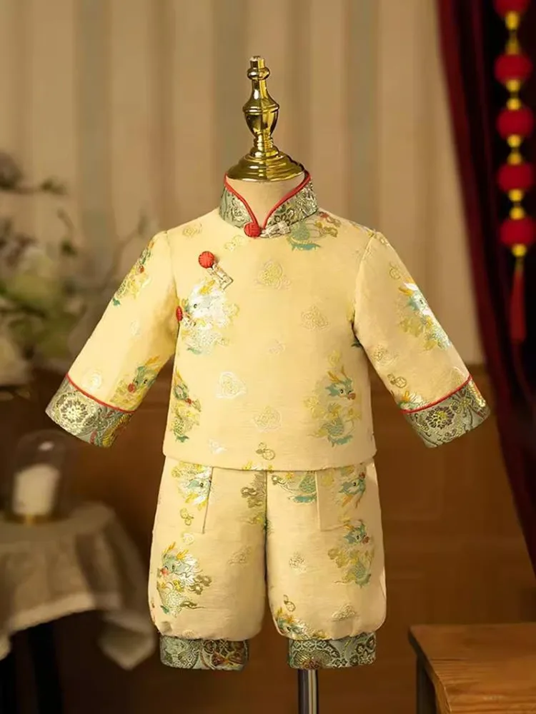 Winter New Clothing Embroidery Hanfu Tang Suit Baby Tops Pants Hat Sets Newborn Birthday Baptism Boys Outfits A3376