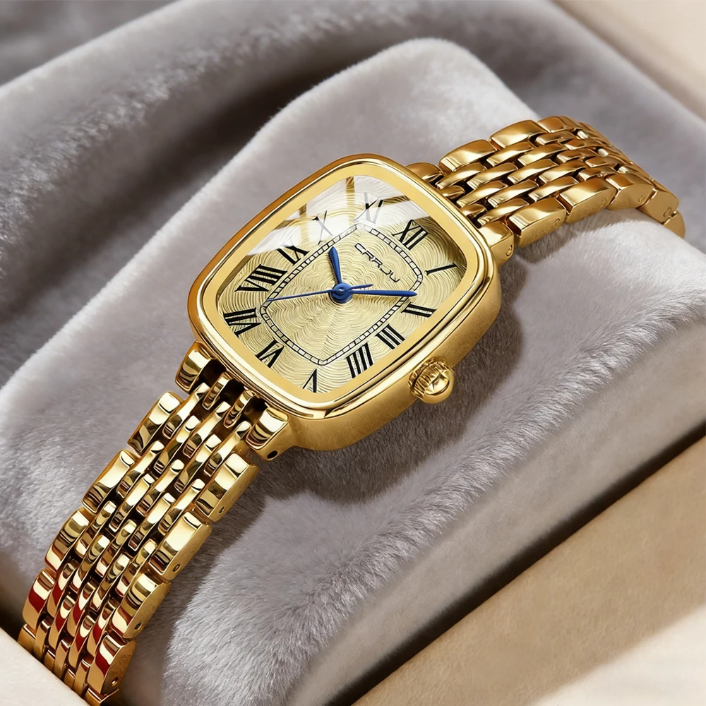 

CRRJU Quartz Watch Roman Numeral Stainless Steel Watch Band Brief Waterproof Watch New Hot Women's Watches
