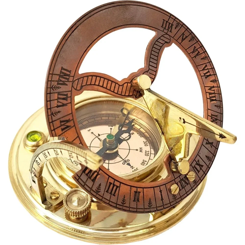 Brass Compass, Sundial Clock in Box Gift Sun Clock Ship Replica Watch - Antique Brass & Copper Sundial Compass