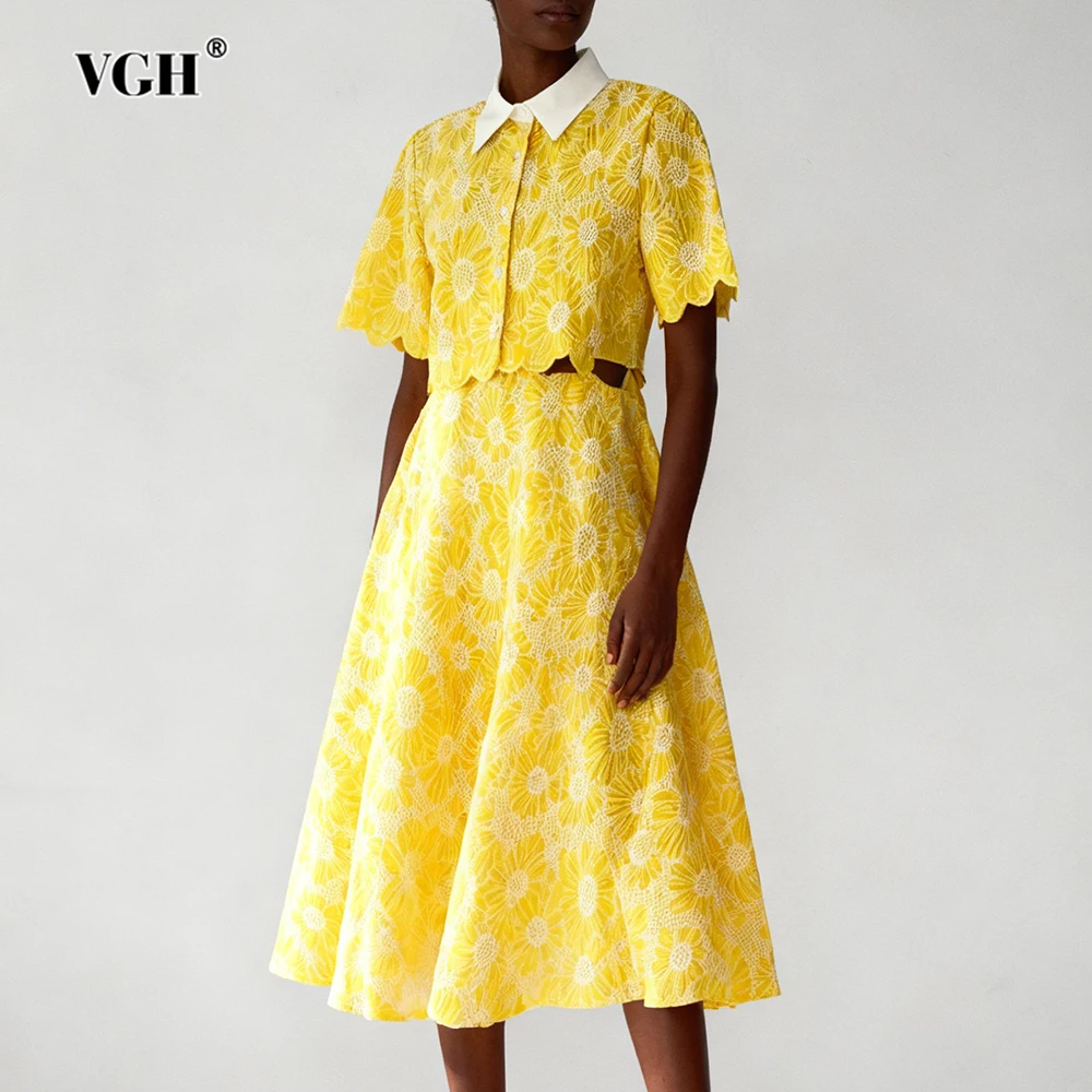 Vgh estilo francês casual impressão conjuntos de duas peças para mulheres lapela meia manga superior saia cintura alta elegante conjunto de emagrecimento feminino novo