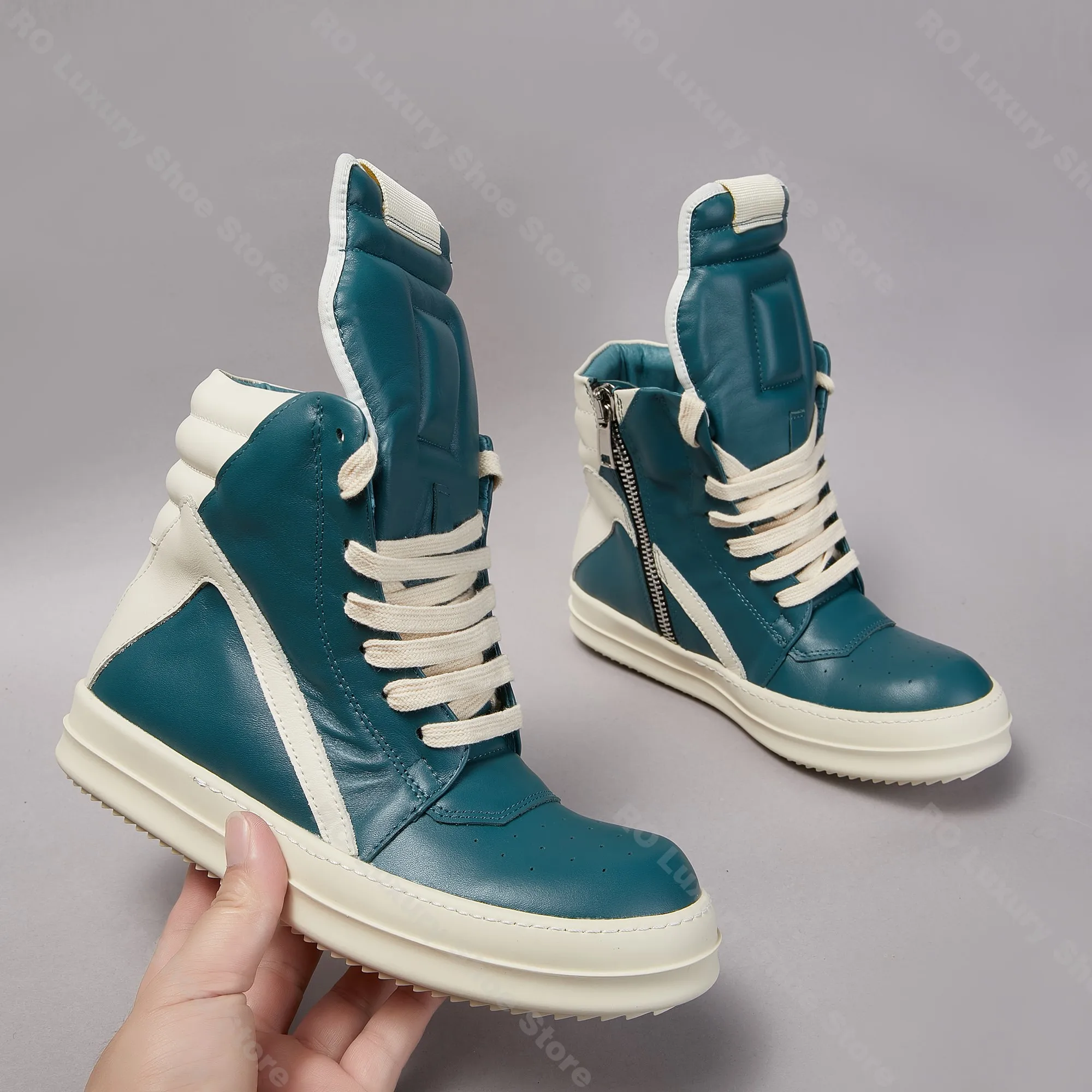 

Brand Casual Men Shoe High Top Women Sneaker Geobasket Leather Zipper Luxury Trainer Green Thick-sole Flat Ankle Boot
