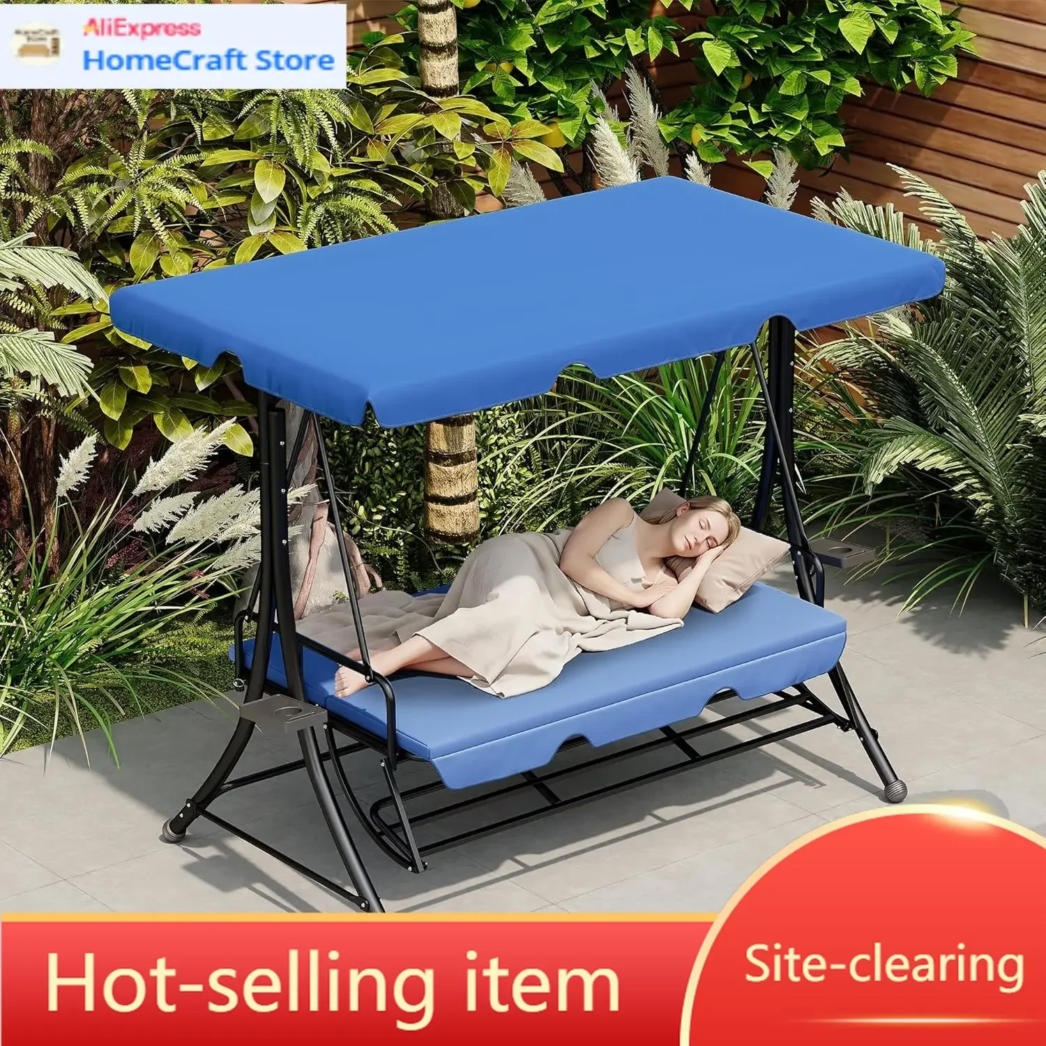 

Blue 3 Seat Outdoor Patio Swing With Stand Footrest Adjustable Canopy Removable Cushions For Backyard Garden Porch